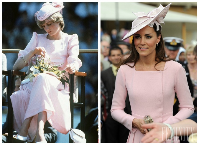 Svetloružový kostým a štýlový klobúk inšpirovaný princeznou Dianou
