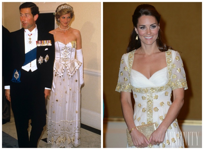 Biele honosné šaty so zlatými detailmi sú veľmi podobné